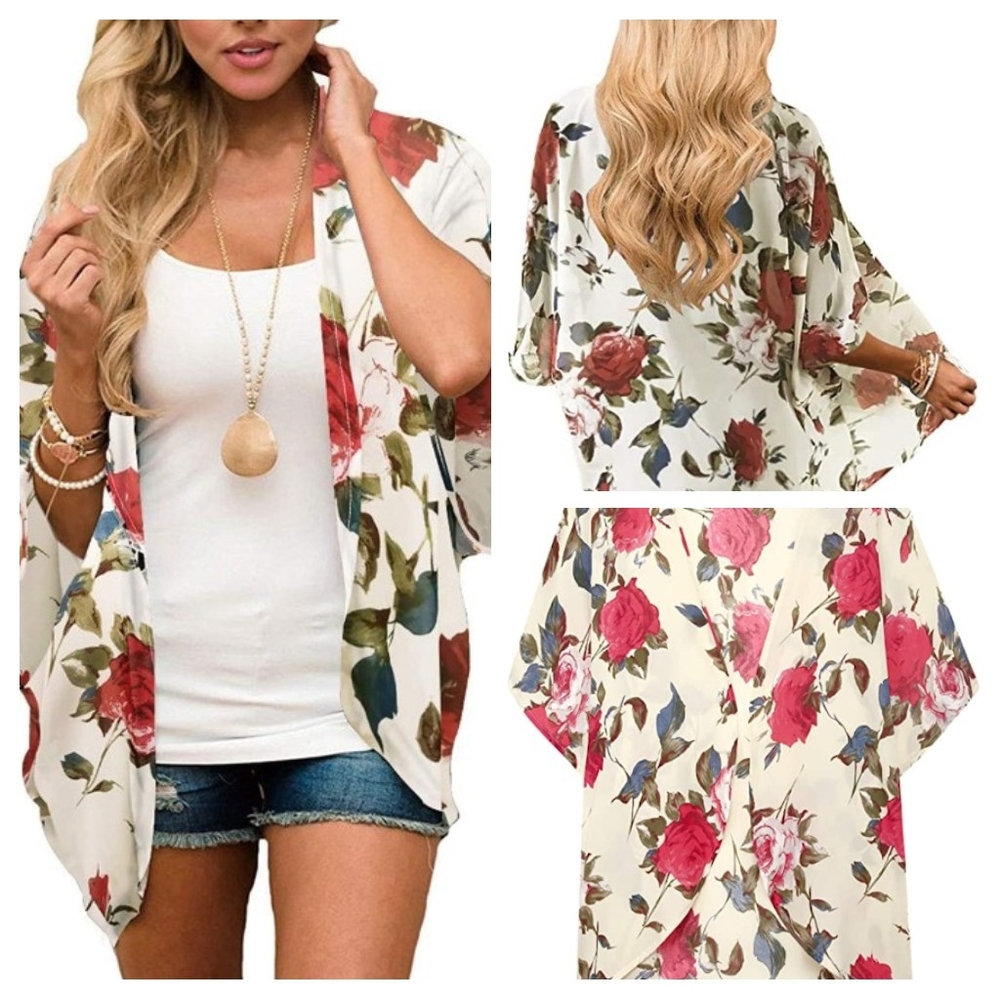 😎 NWT White Floral Kimono Cardigan Coverup 😍